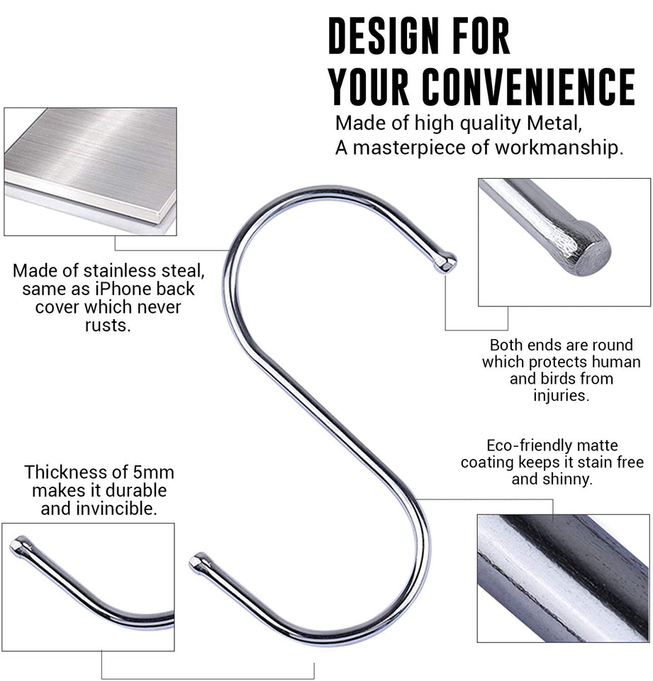 30 Pack S Hooks Heavy Duty - Stainless Steel S Hooks for Hanging Pots and Pans, S Shaped Hooks for Clothes, Plants, Kitchen Utensils, 3.3 inches.